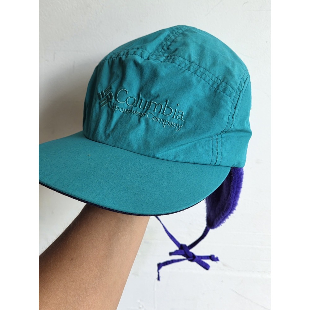 Vintage Columbia Bugaboo 5 Panel Hat Blue Teal Med USA w/ Fleece Liner Cap 90s